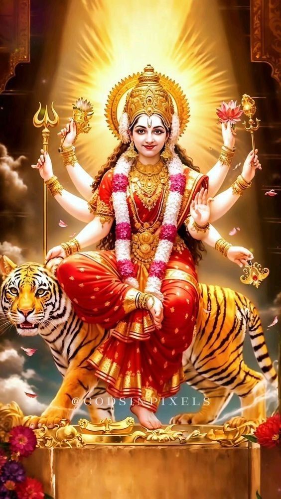 Ambe Maa riding a tiger, holding lotus.