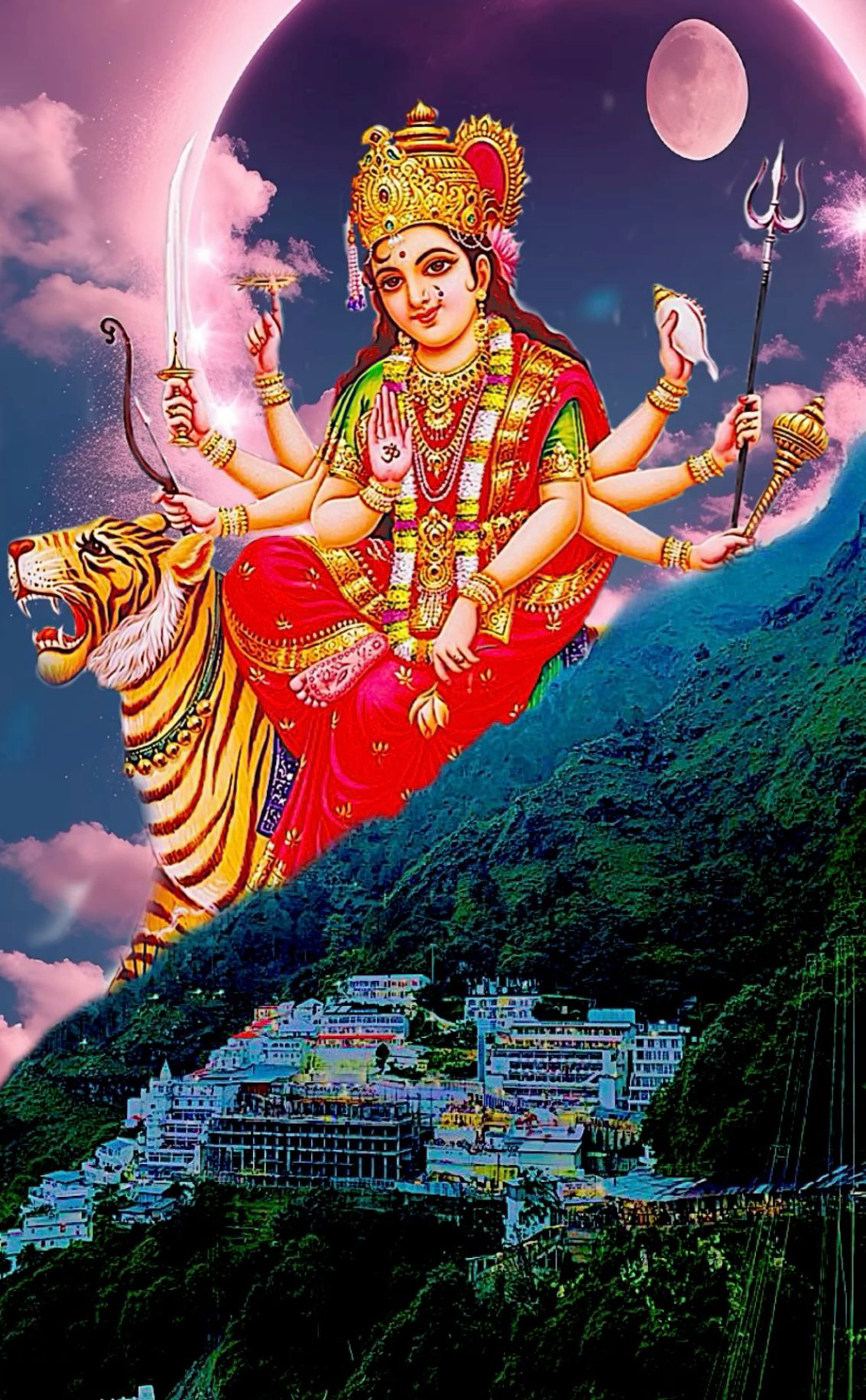 Ambe Maa riding a tiger, divine goddess.