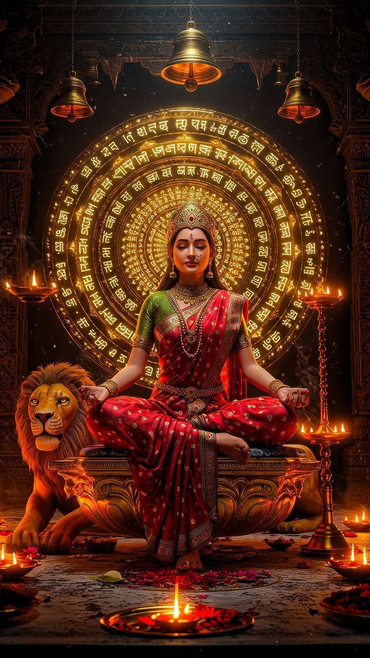 Ambe Maa sits on a lion throne.