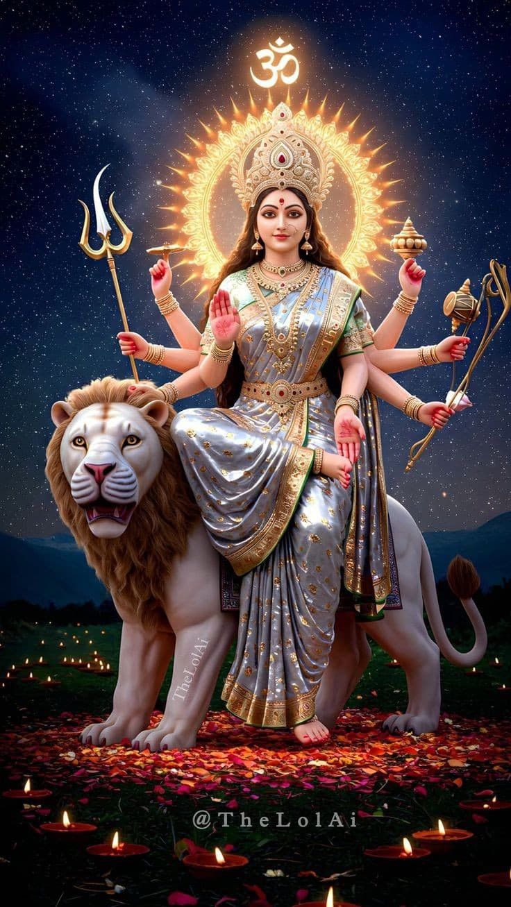 Ambe Maa riding a lion, divine wallpaper.