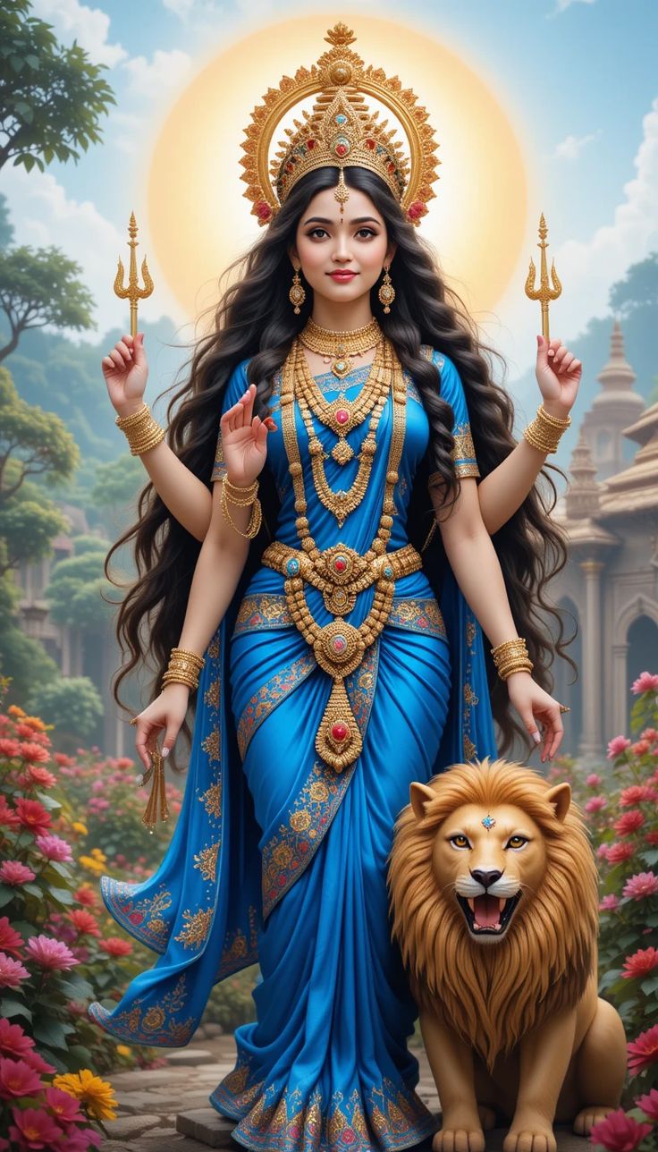 Ambe Maa with lion and trident.