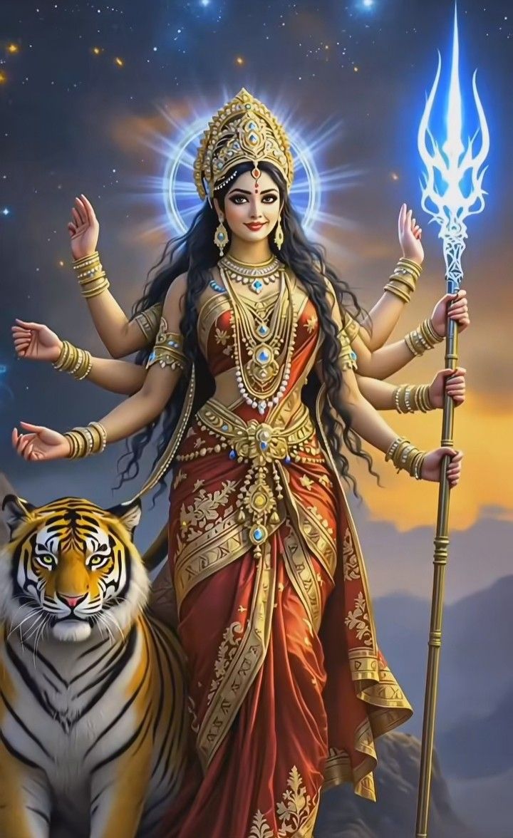 Ambe Maa with tiger and trident