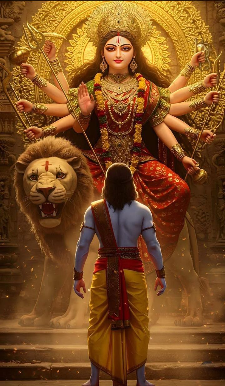 Ambe Maa with lion and devotee