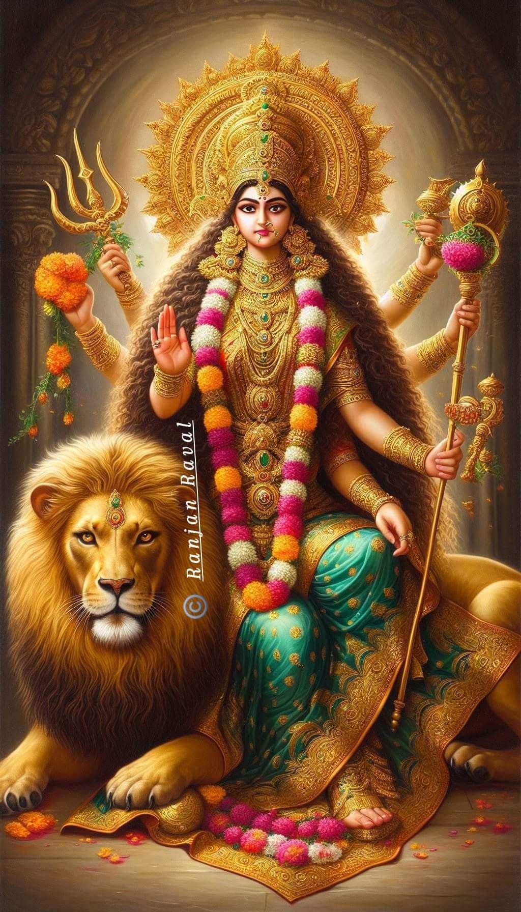 Ambe Maa with lion, eight arms, divine.
