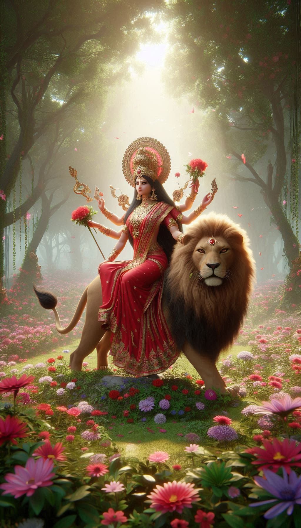 Ambe Maa riding a lion in forest.