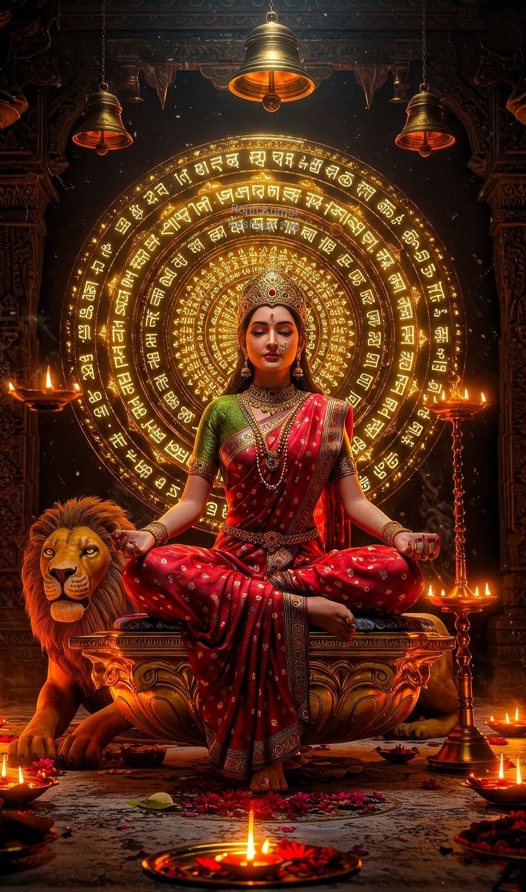 Ambe Maa seated on a throne with lion
