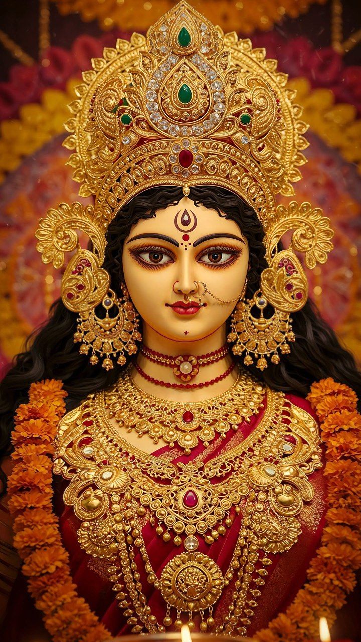 Close-up of goddess Durga\'s radiant face.
