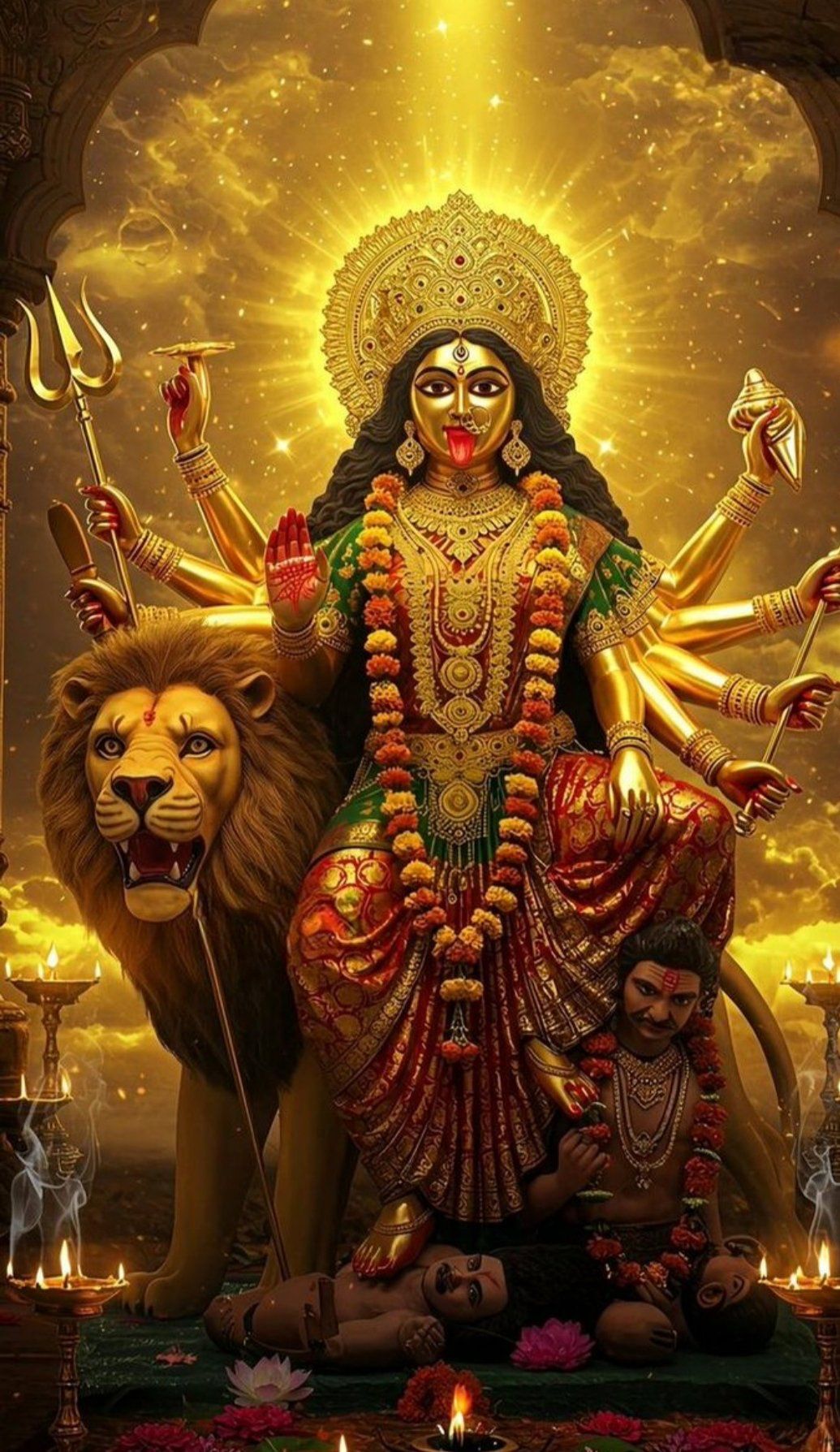 Ambe Maa seated on a lion.