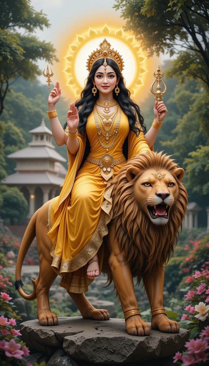 Ambe Maa on a lion, golden light