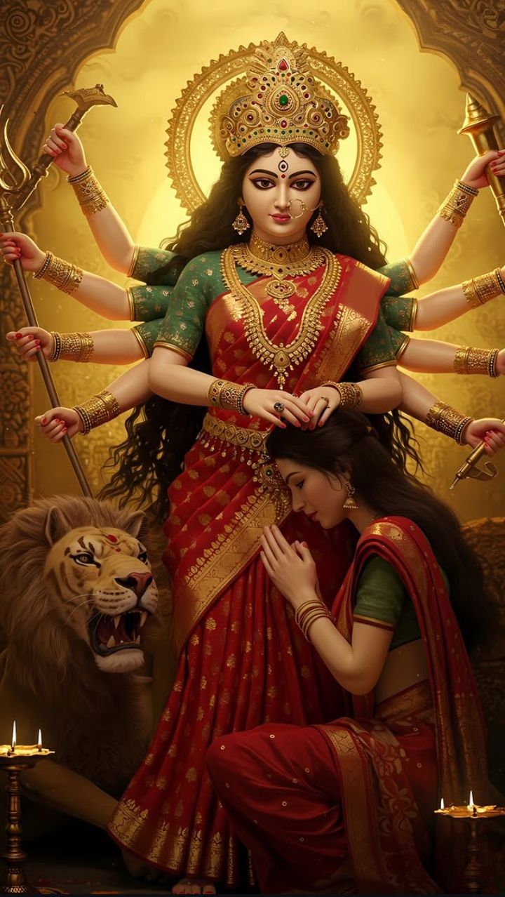 Ambe Maa with devotee and lion