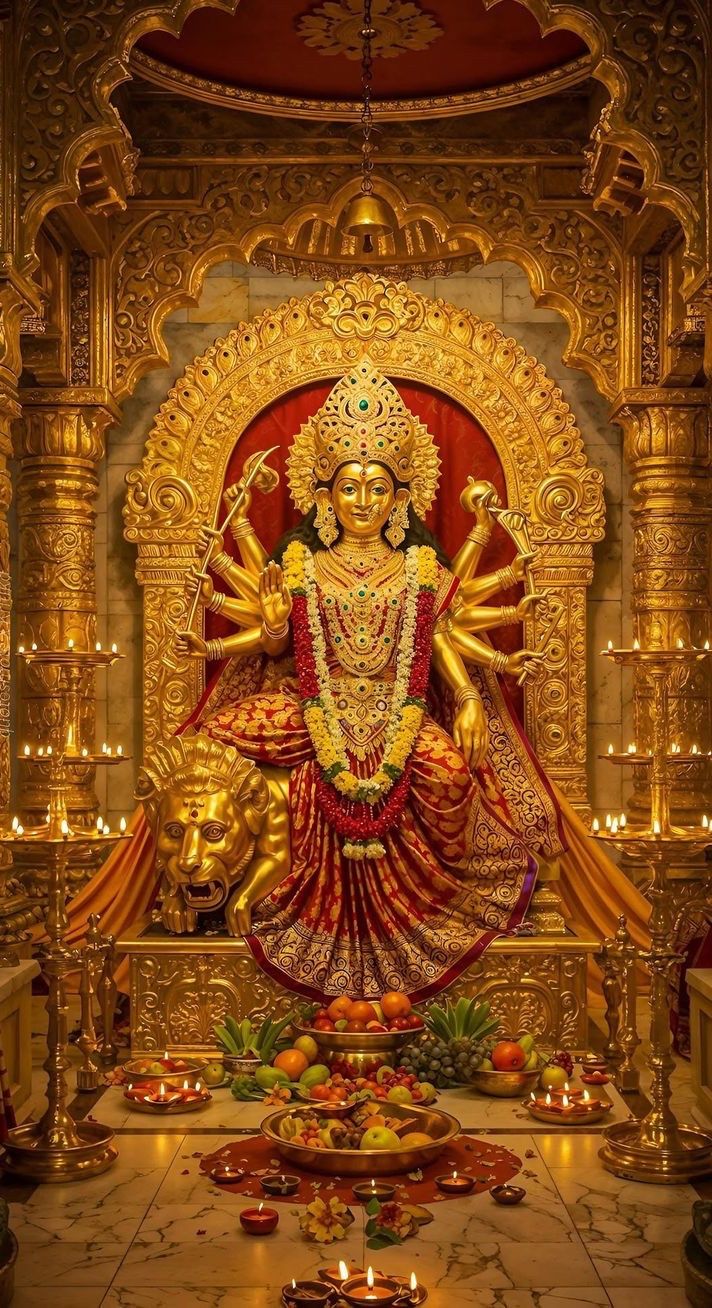 Ambe Maa seated on a lion throne
