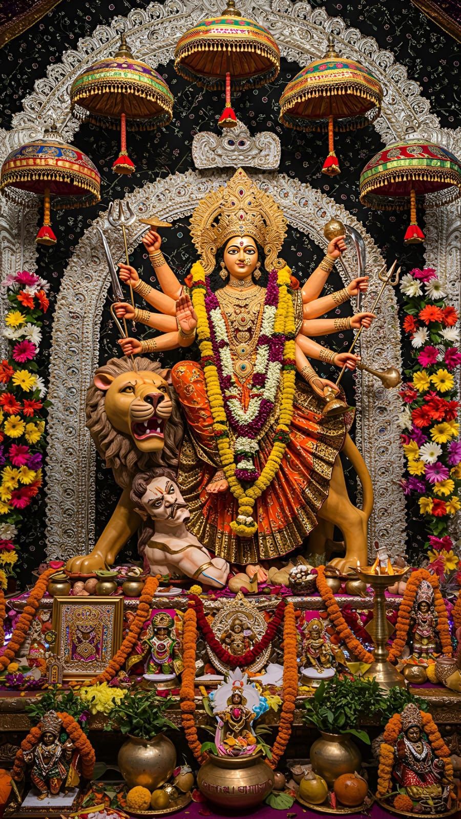 Maa Durga with lion and flowers