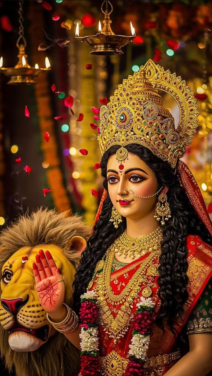 Ambe Maa with golden crown and lion