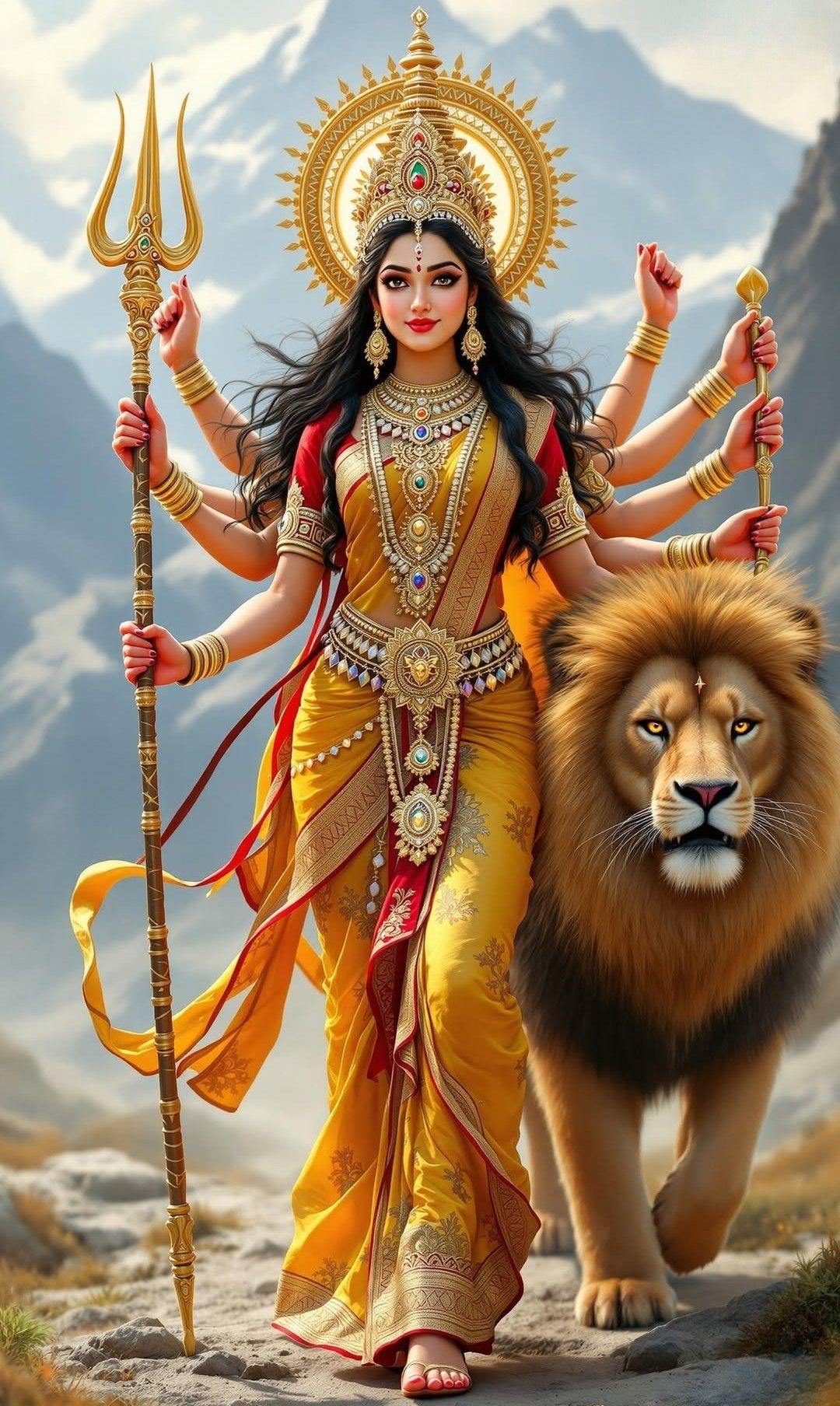 Ambe Maa with lion and trident.