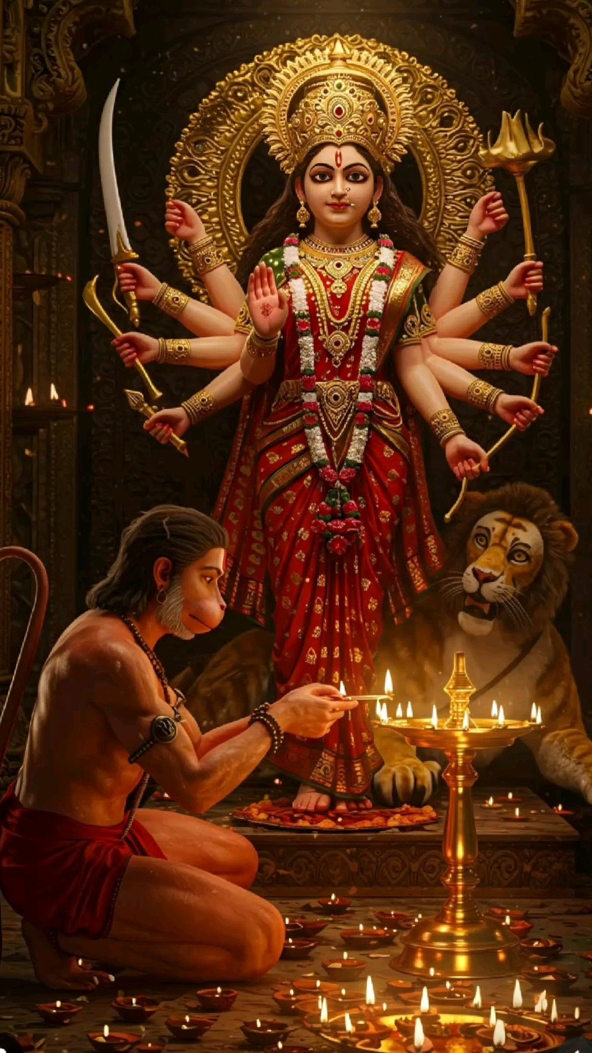 Ambe Maa with Hanuman and Lion.