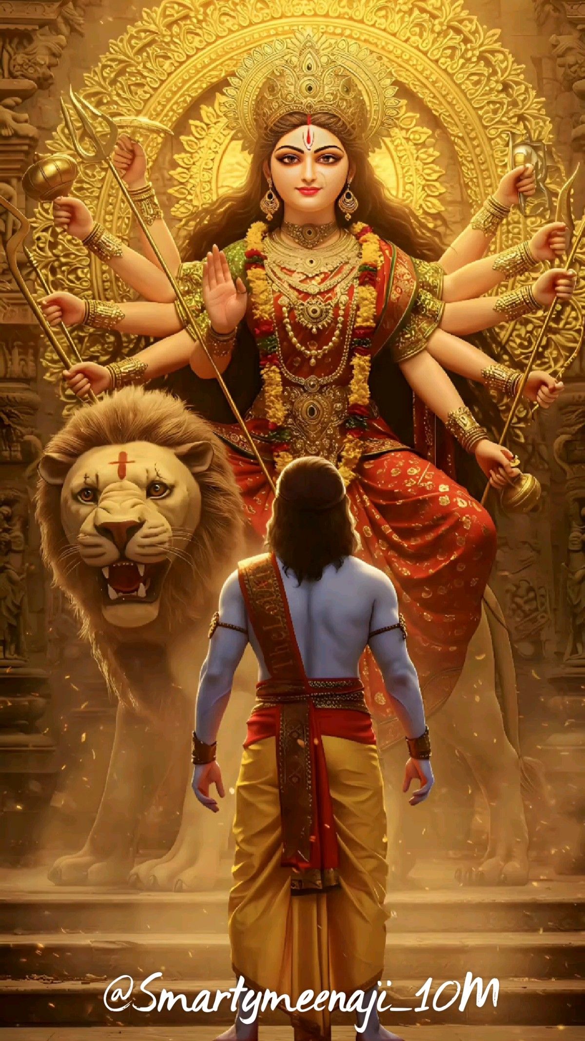 Goddess Durga with lion and devotee