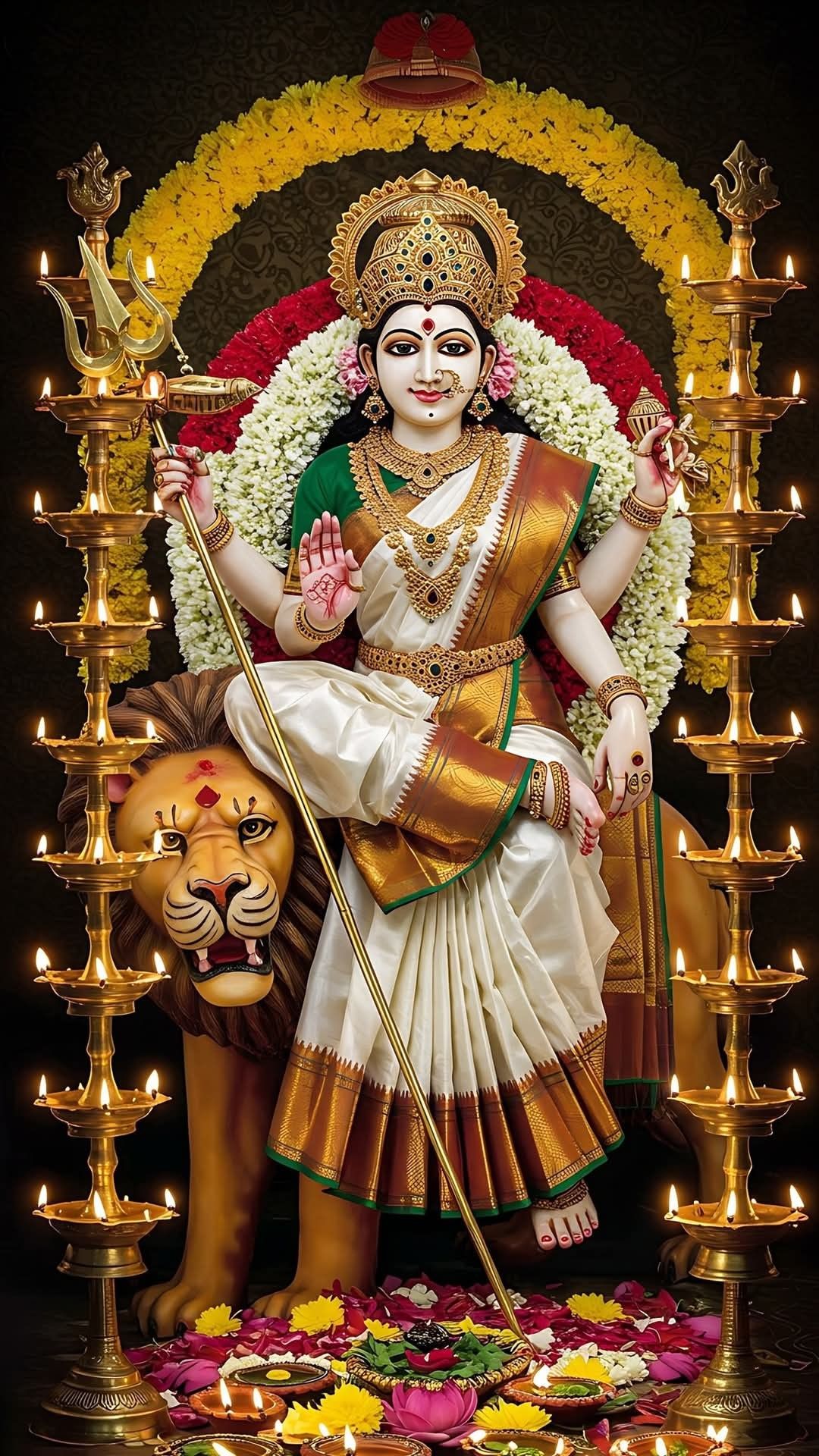 Ambe Maa seated on a lion throne