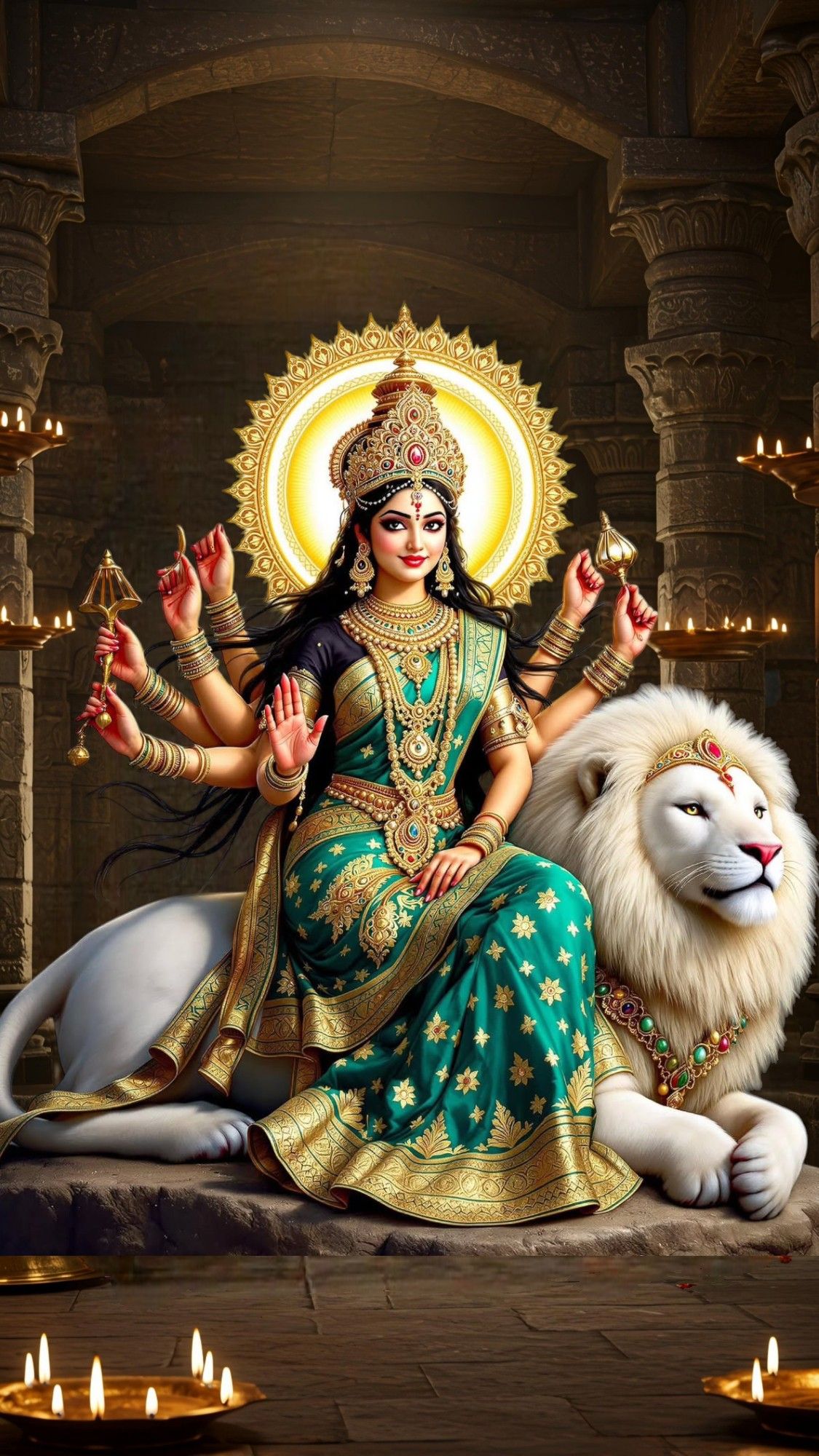 Ambe maa seated on a white lion
