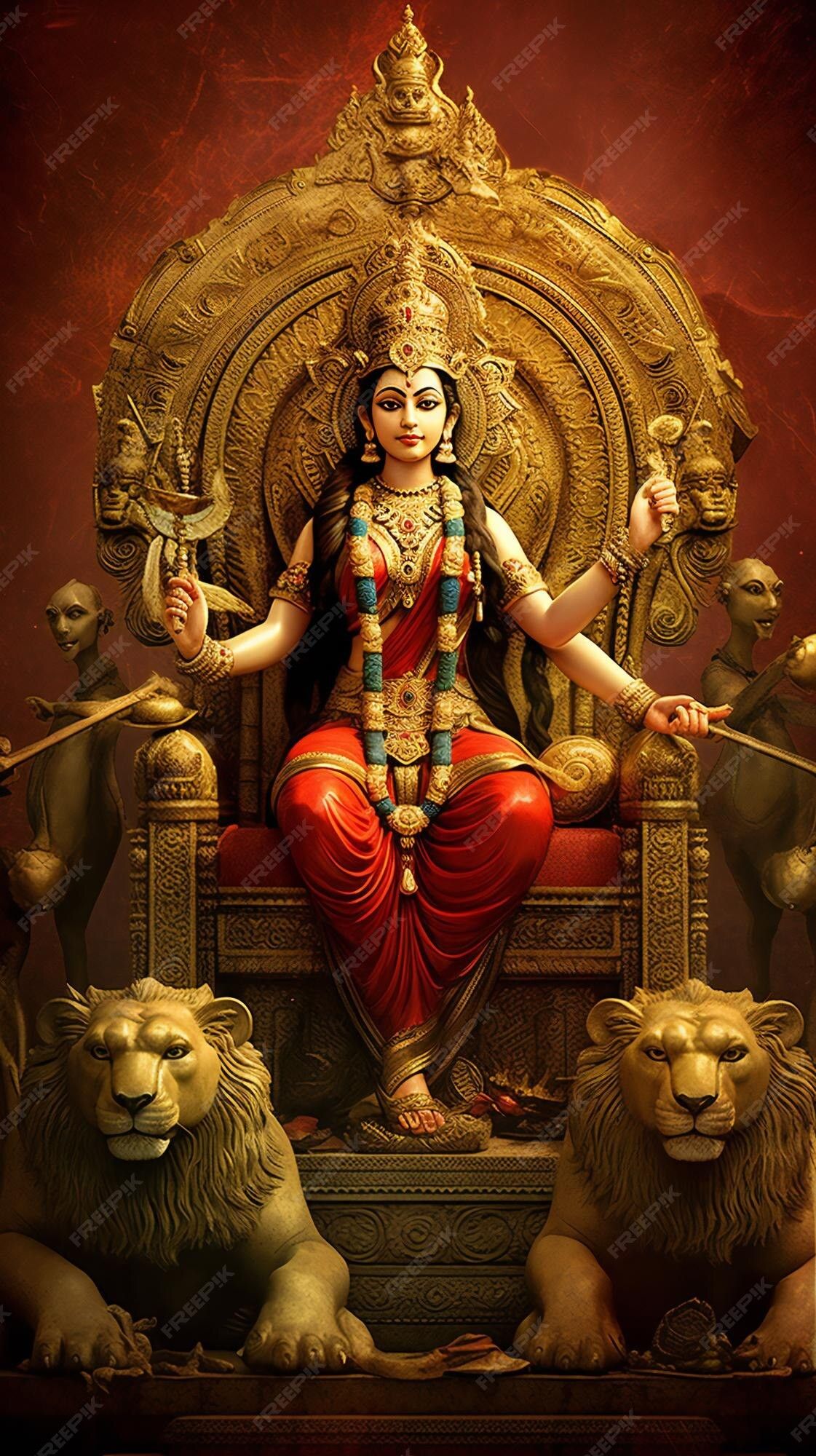 Goddess Durga seated on a lion throne
