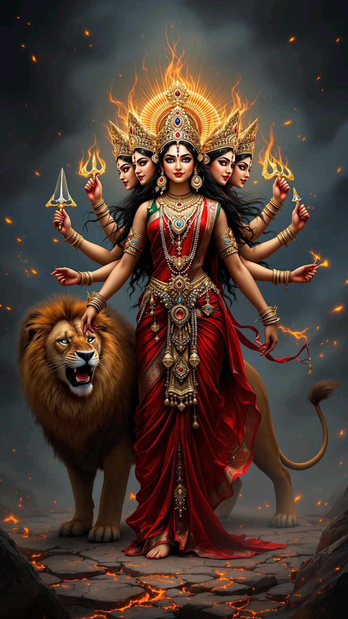 Ambe Maa stands powerfully with a lion.