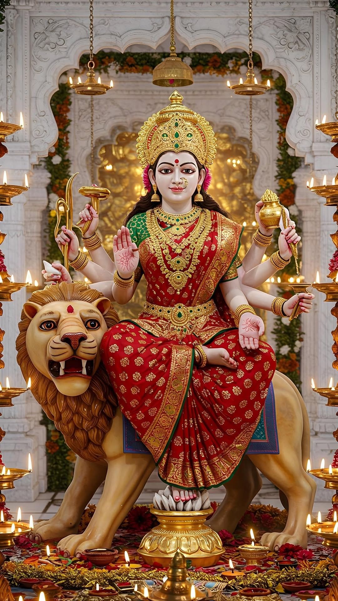 Ambe Maa seated on a lion statue