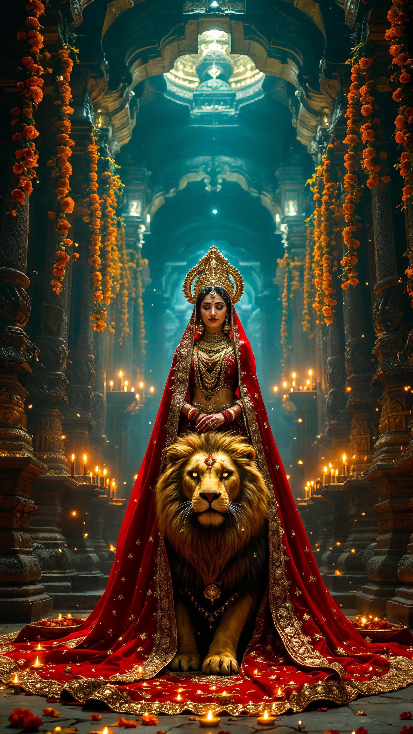 Ambe Maa riding a majestic lion