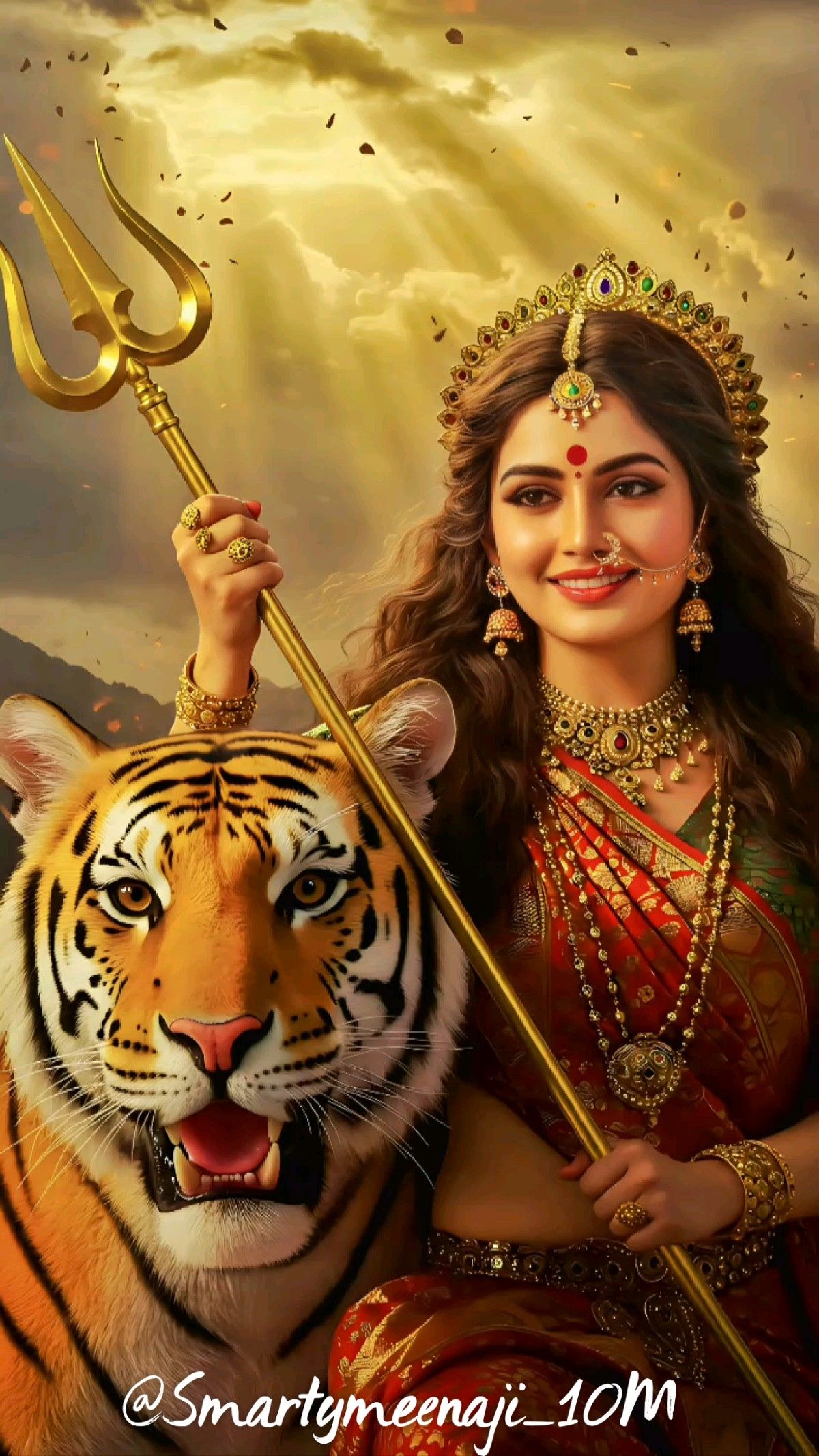 Durga riding a tiger, holding trident.