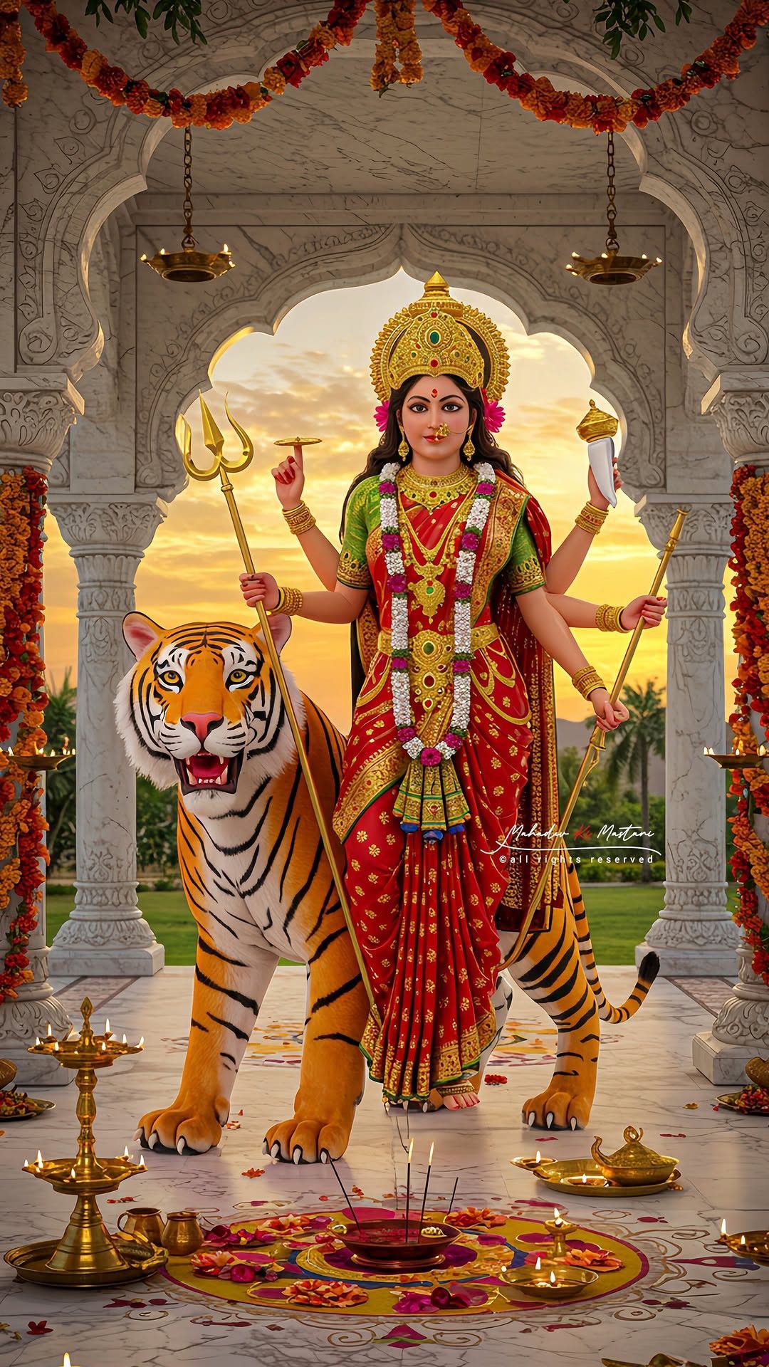 Ambe Maa with tiger and trident