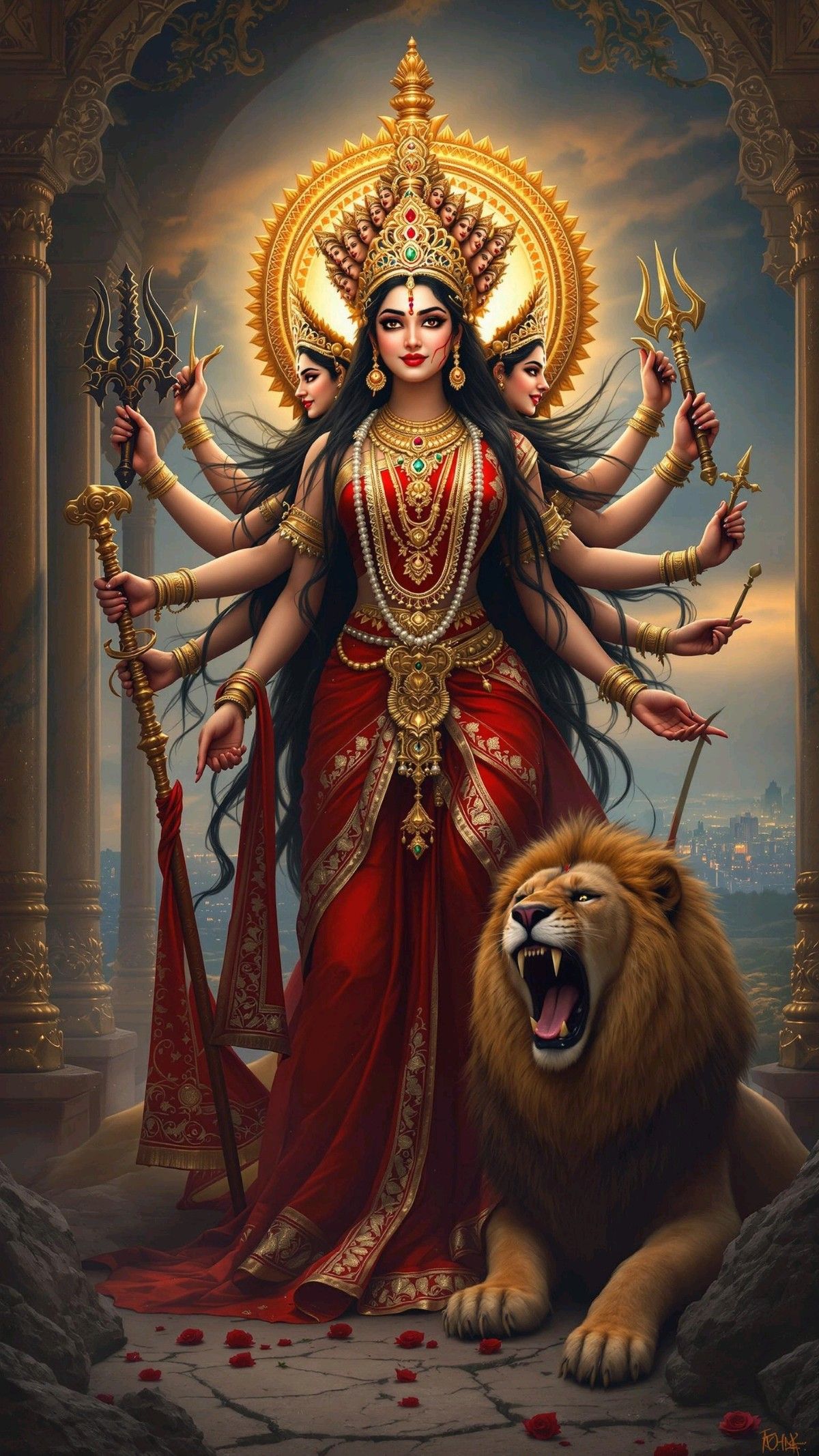 Ambe Maa with lion, divine protection