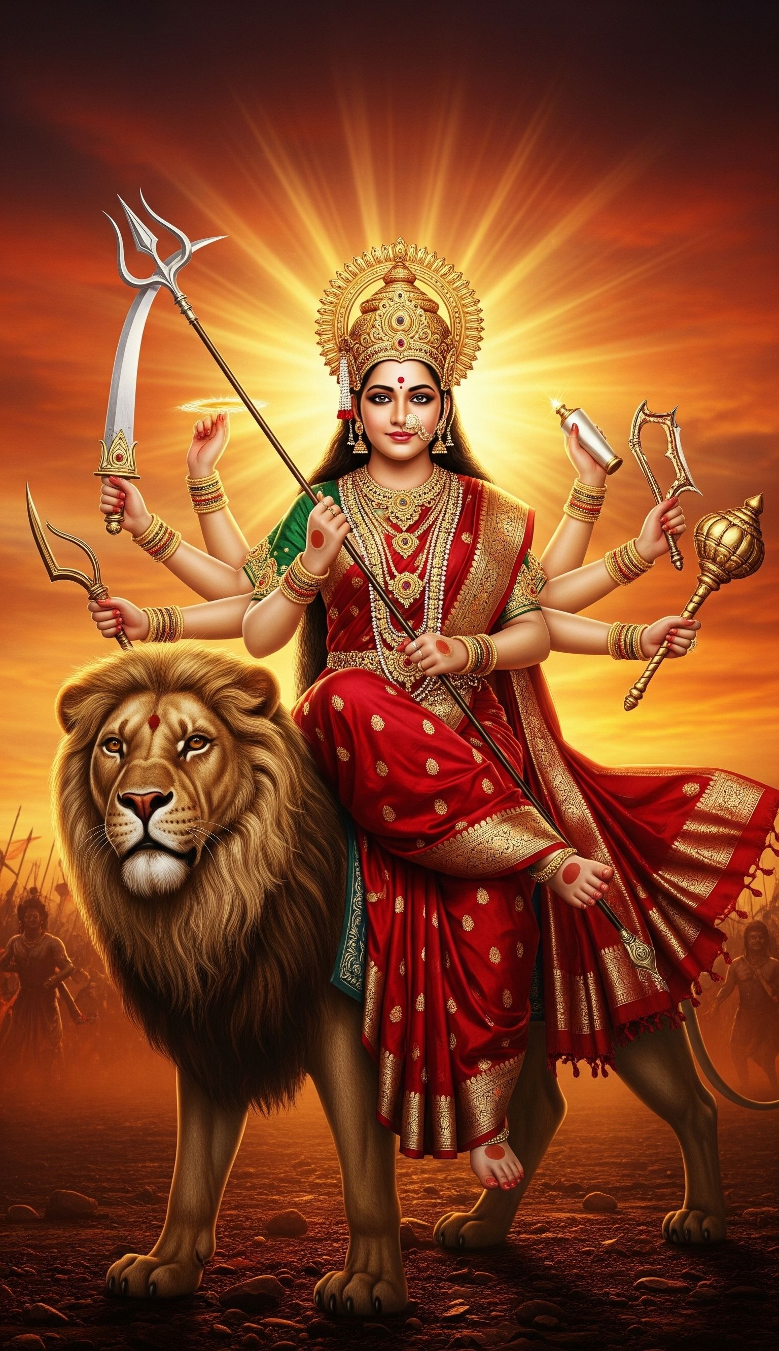 Durga Maa riding a lion, divine.