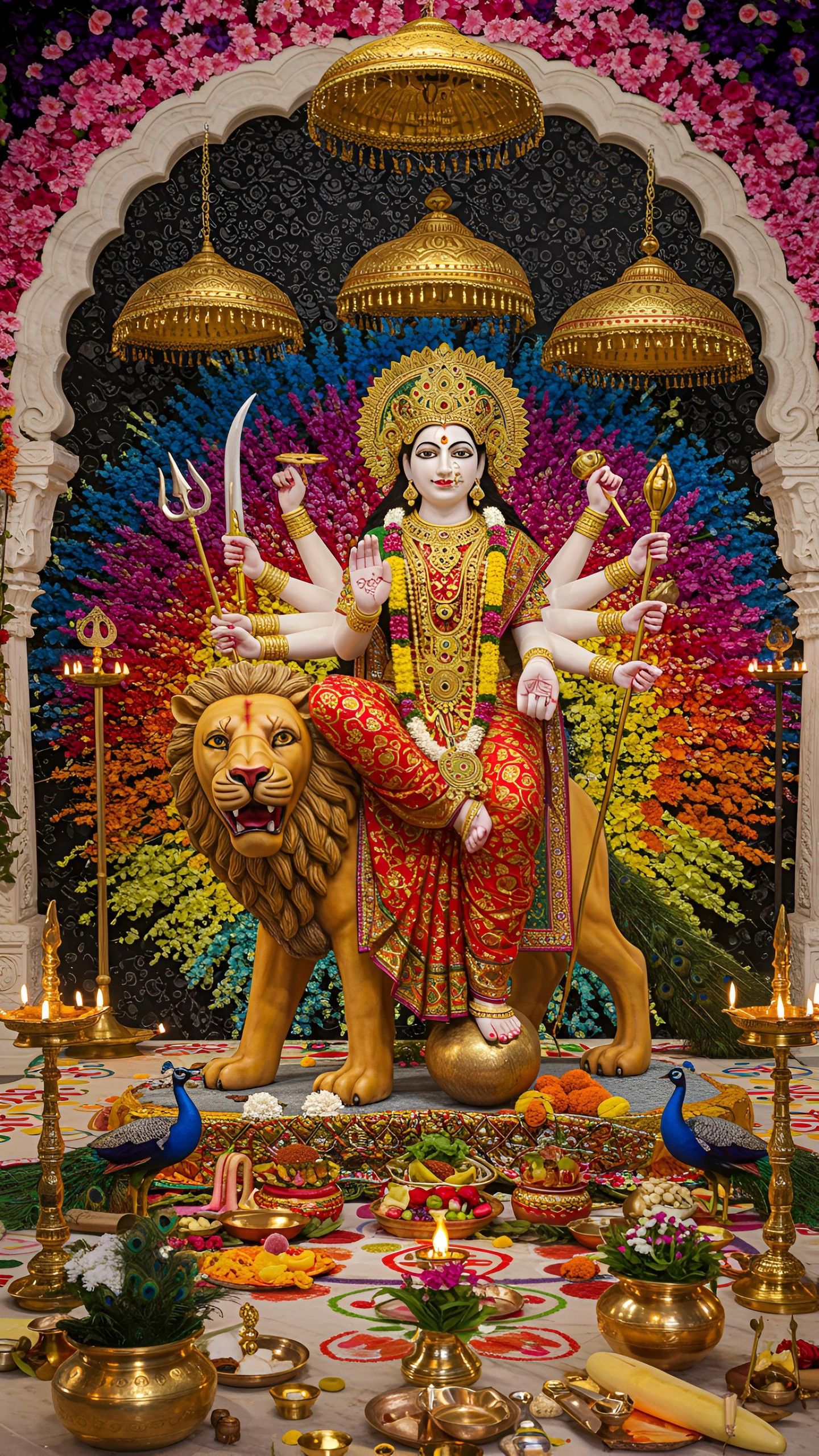 Ambe Maa with lion and floral backdrop