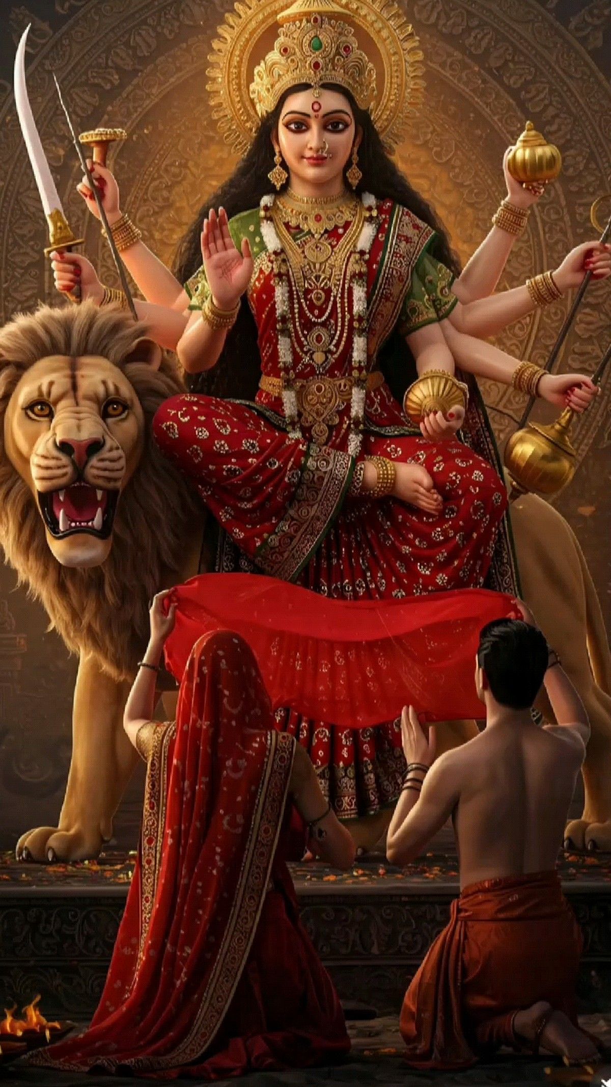Ambe Maa with lion and devotee