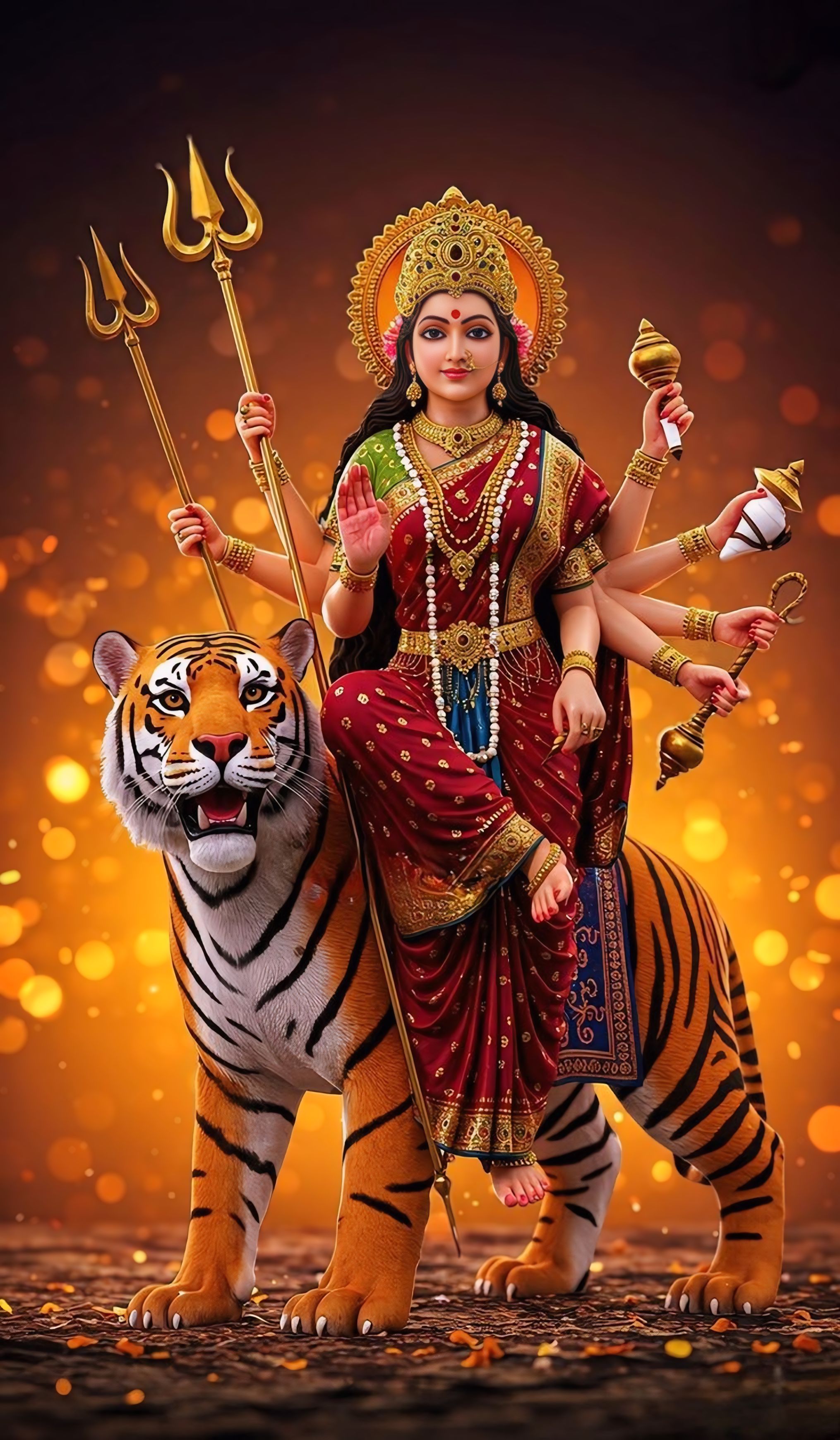 Durga Maa riding a majestic tiger