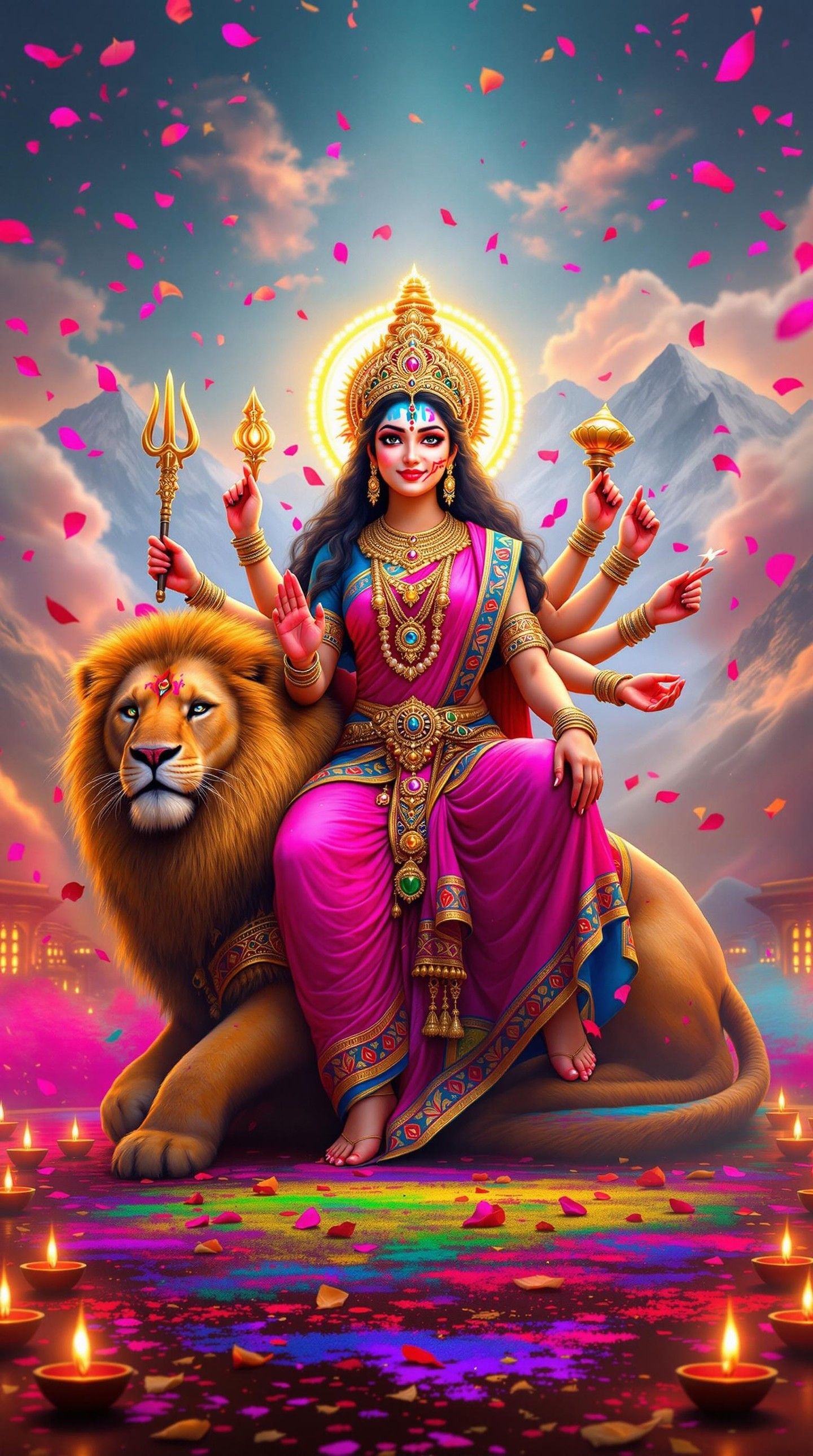 Ambe Maa riding a majestic lion