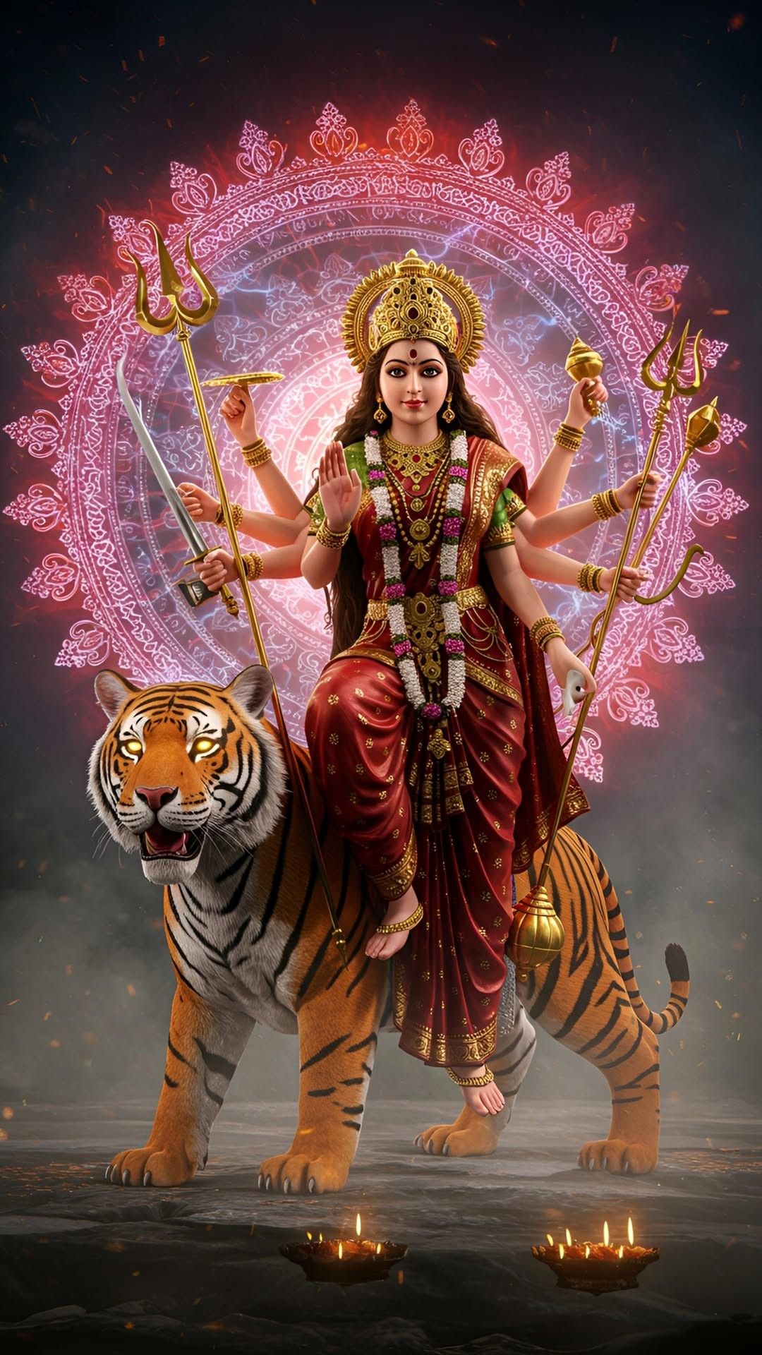 Ambe Maa riding a tiger, divine goddess.