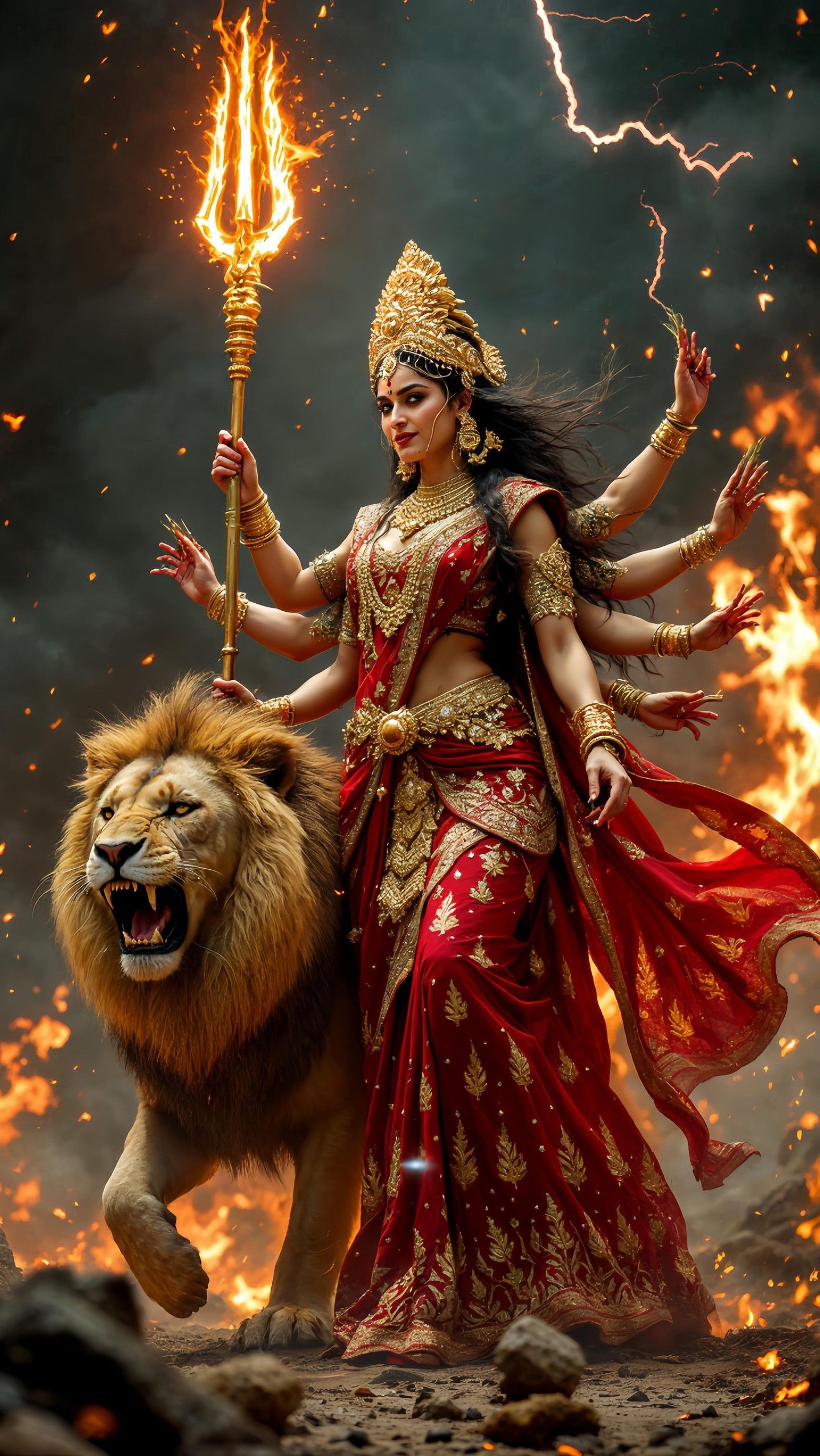 Durga Maa riding a lion with trident