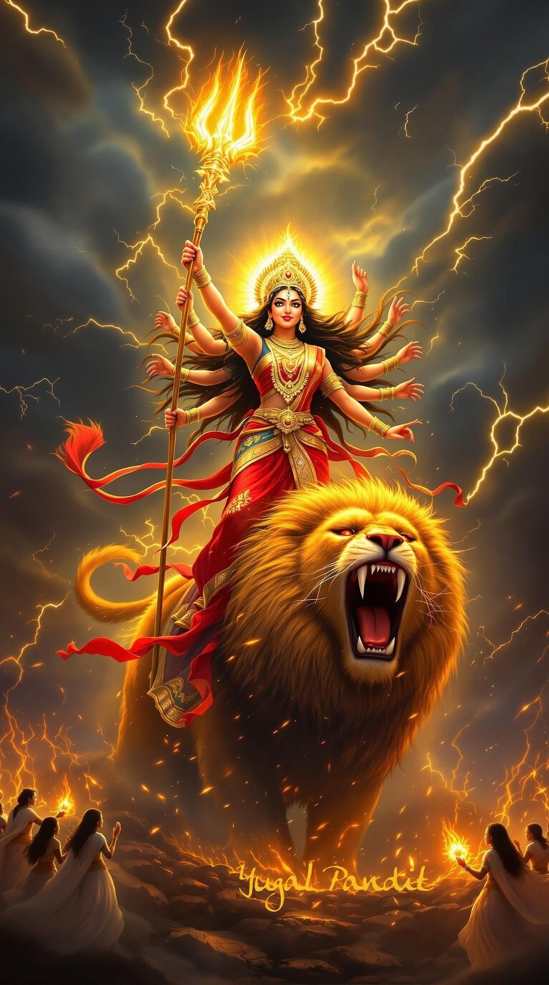 Ambe Maa riding a lion during storm.