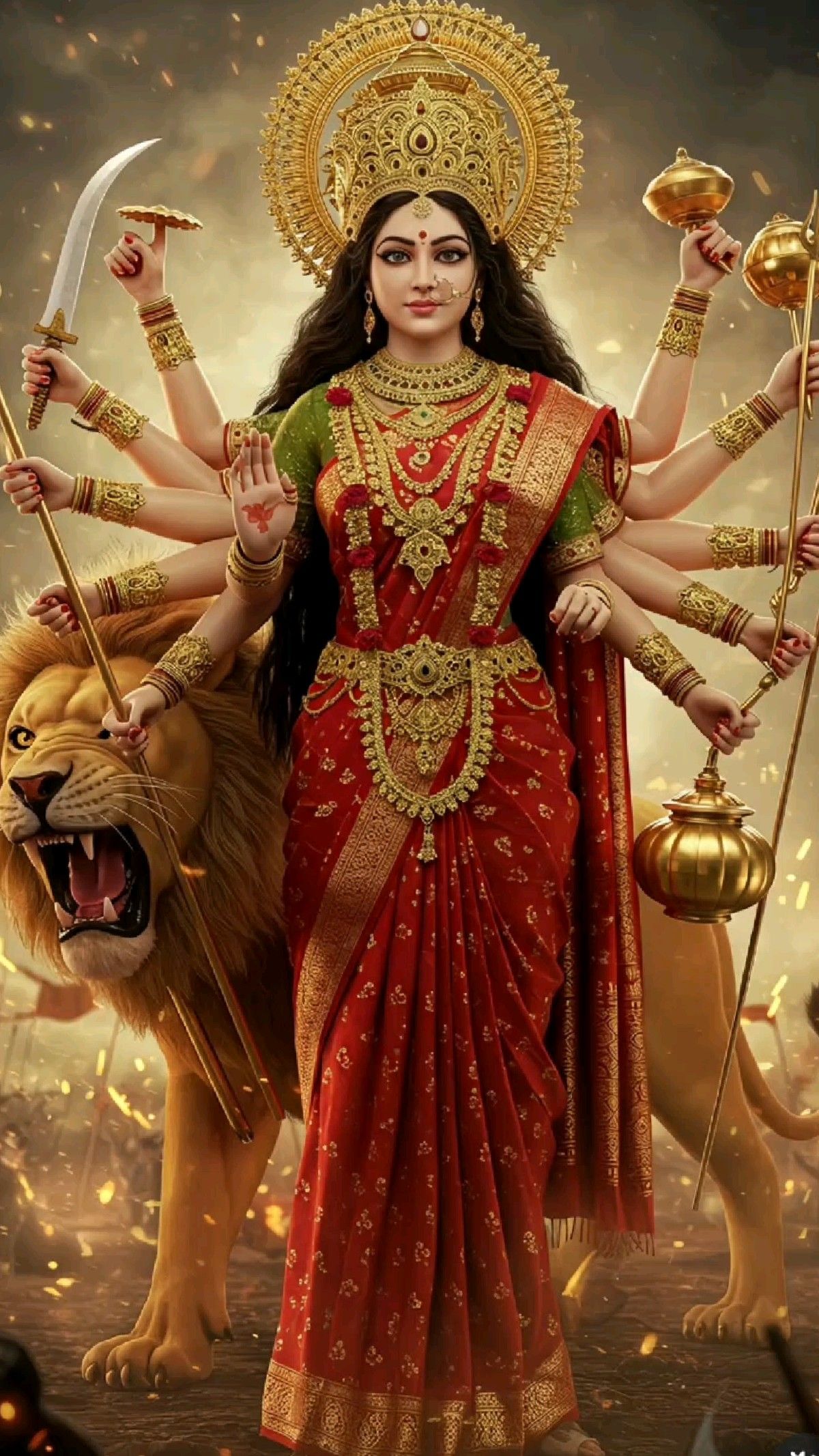 Goddess Durga rides a majestic lion