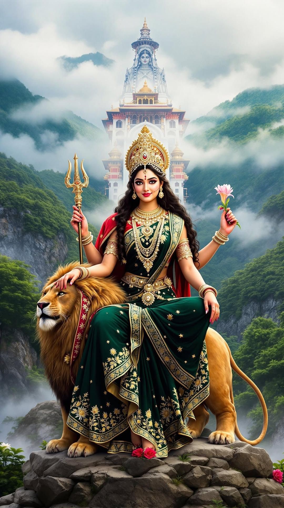 Ambe Maa seated on a lion, divine.