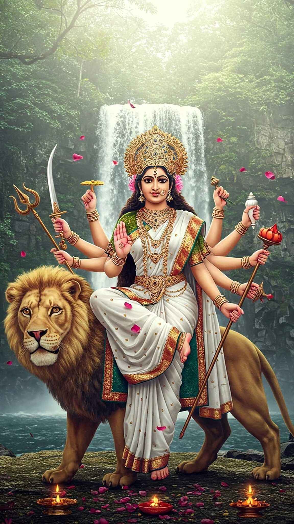 Durga Maa riding a lion near waterfall