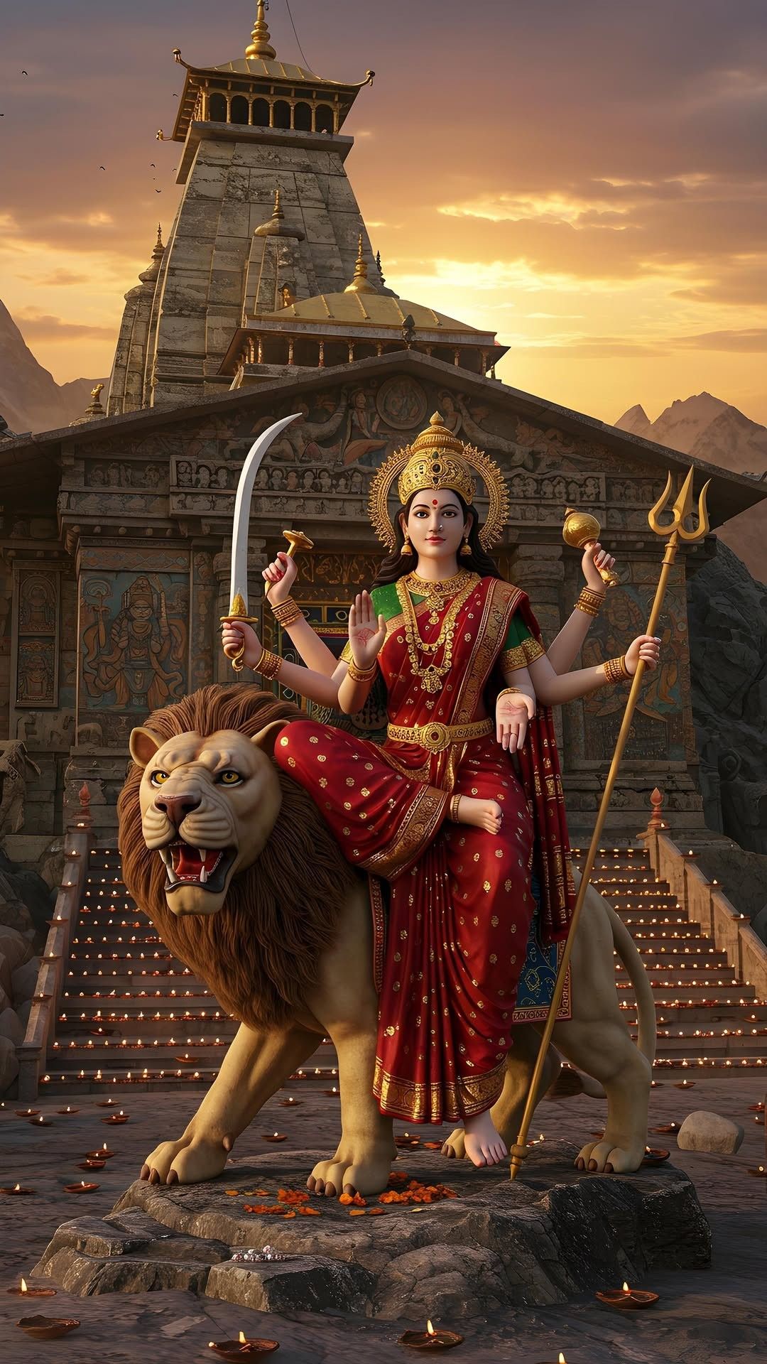Ambe Maa riding a lion with temple.