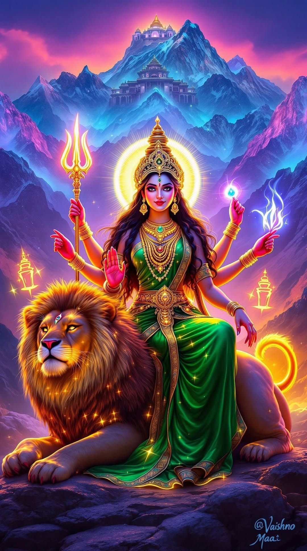 Ambe Maa seated on a lion.