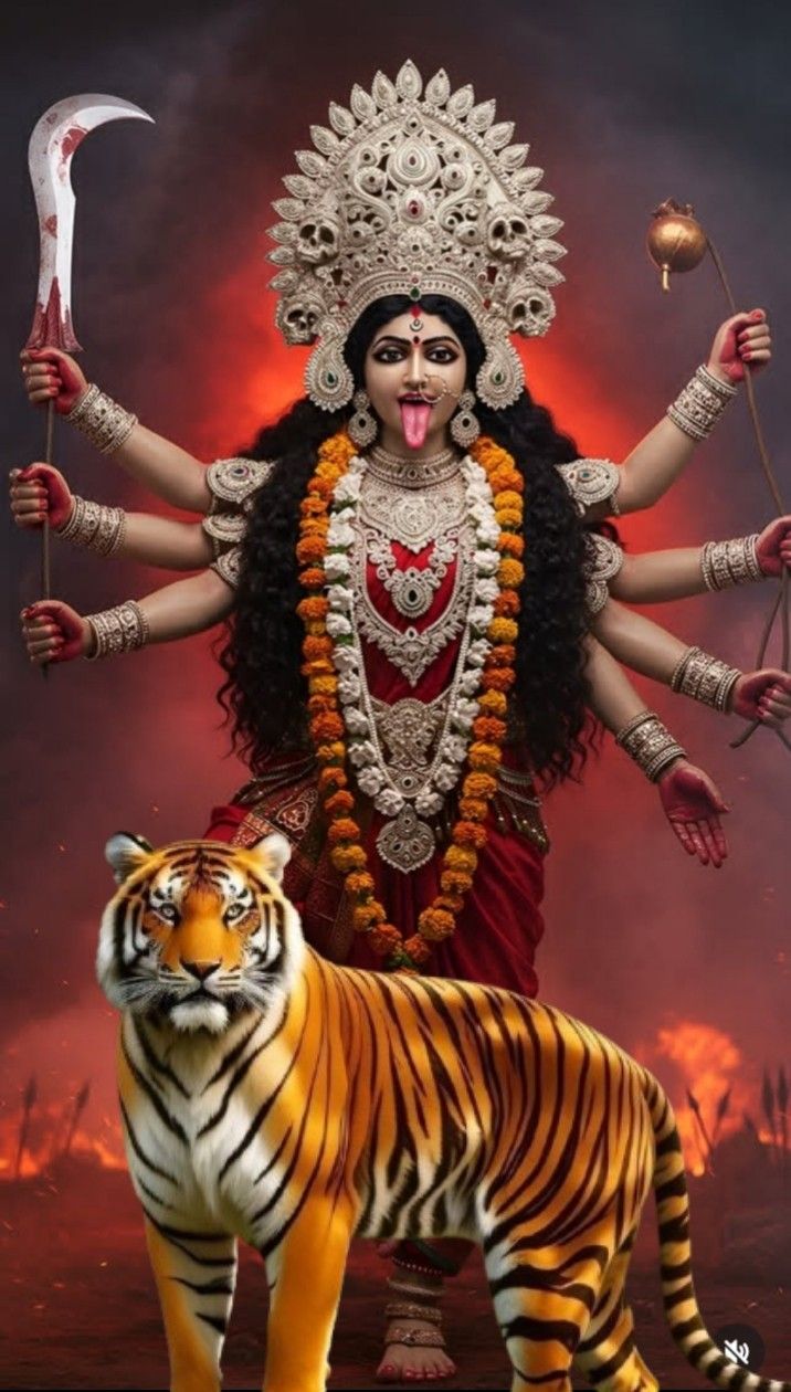Fierce Ambe Maa with tiger and sword
