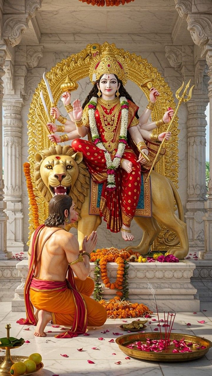 Ambe Maa seated on a lion, temple setting