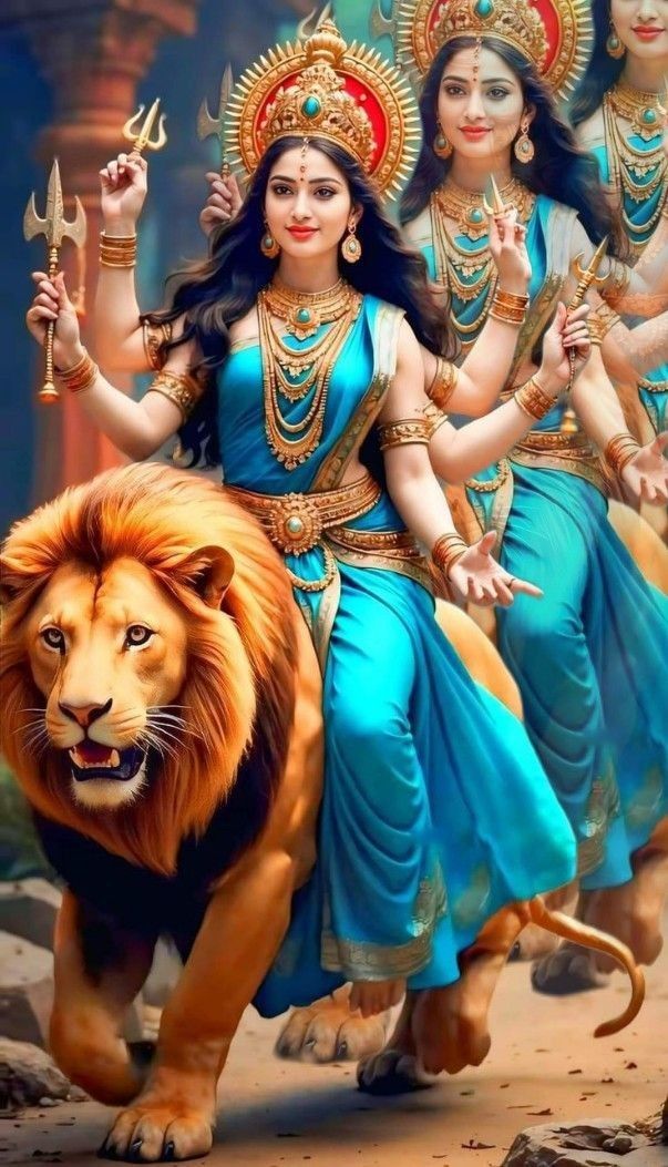 Ambe Maa riding a powerful lion.