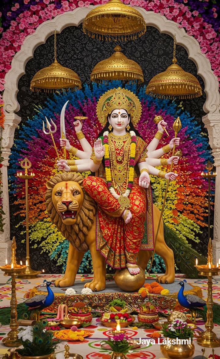 Ambe Maa riding a lion, floral background