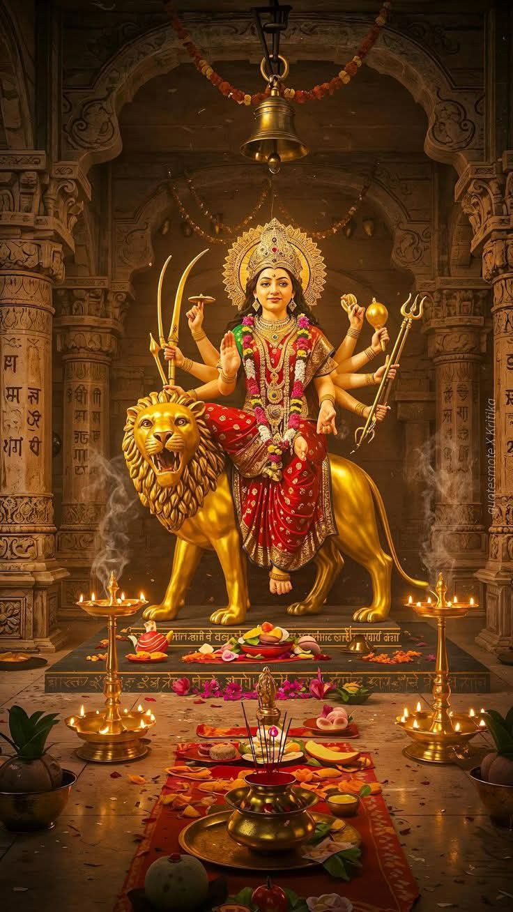 Ambe Maa seated on a lion, divine.