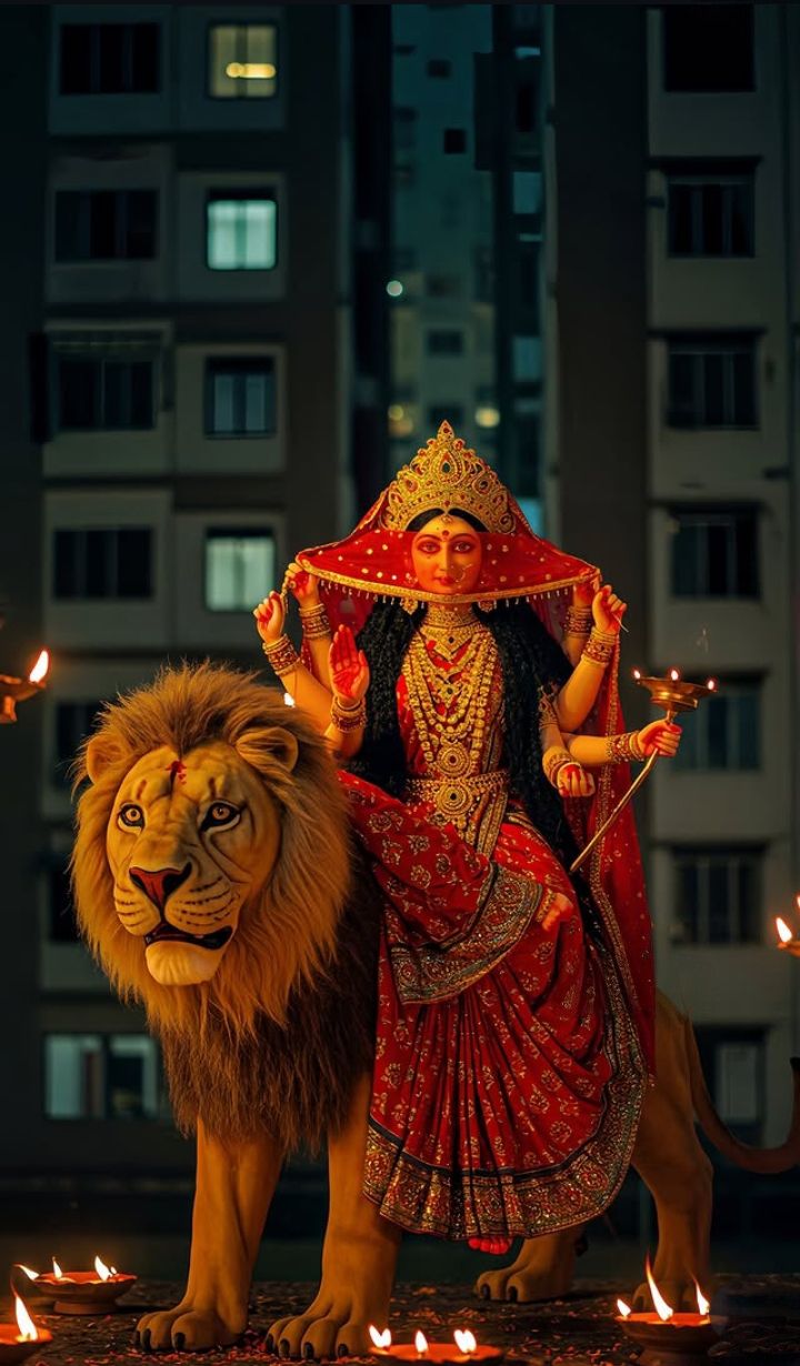 Durga Maa riding a lion, festival scene