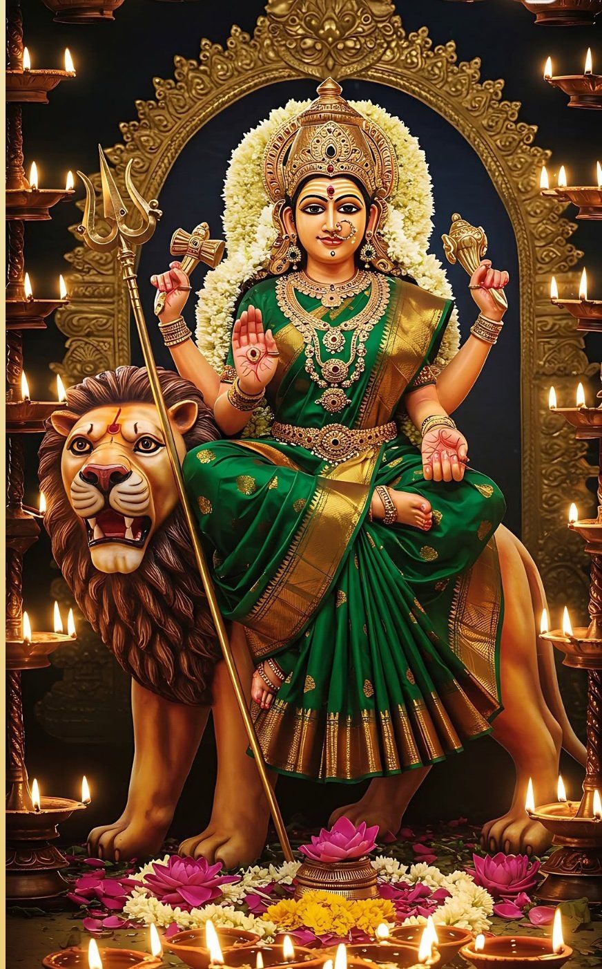 Ambe Maa rides a lion, serene power.
