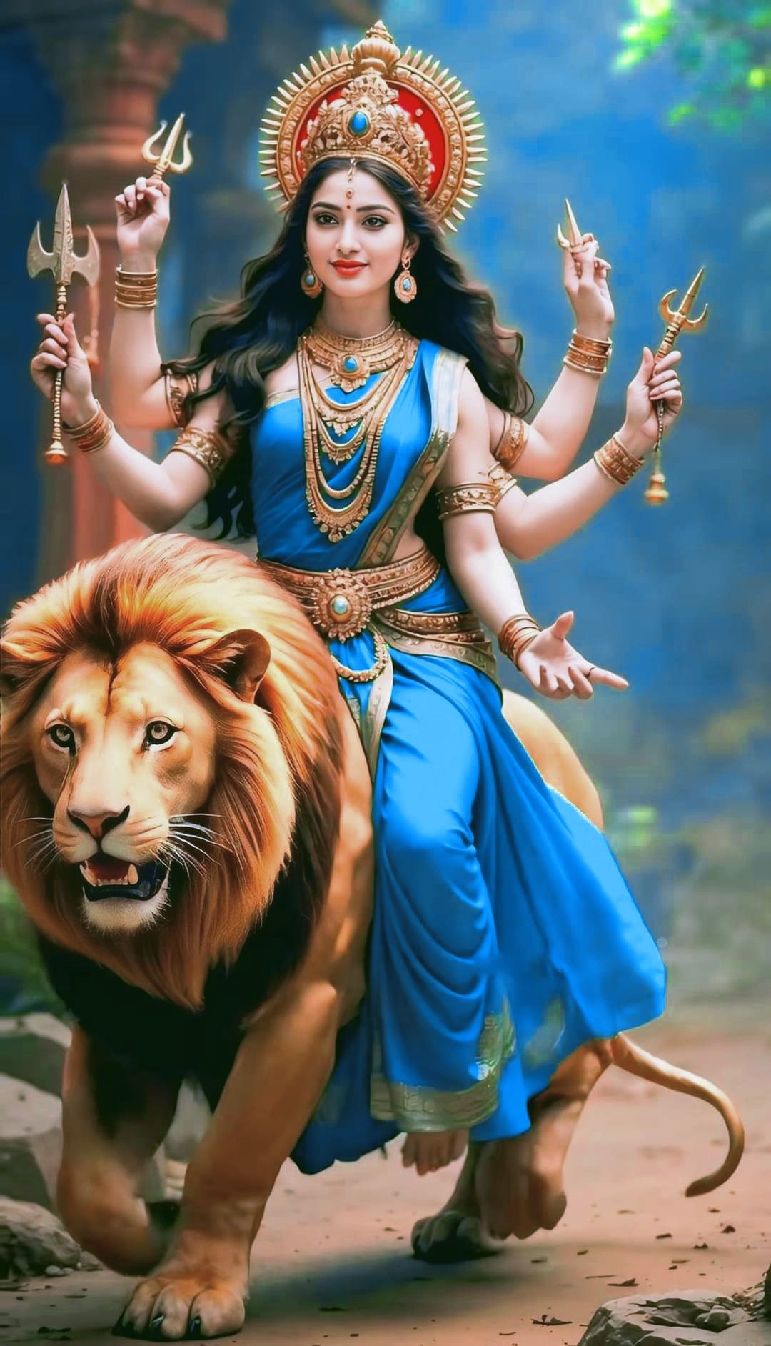 Ambe Maa riding a majestic lion.